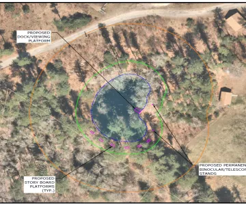 Birdseye view of current frog pond at Camp Yomechas with proposed improvements overlay